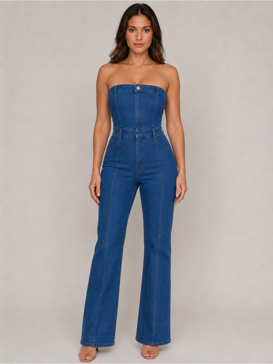 Fashion Nova Pants - Fashion Nova Don’t Mention This Strapless Denim Flare Jumpsuit Medium NWT